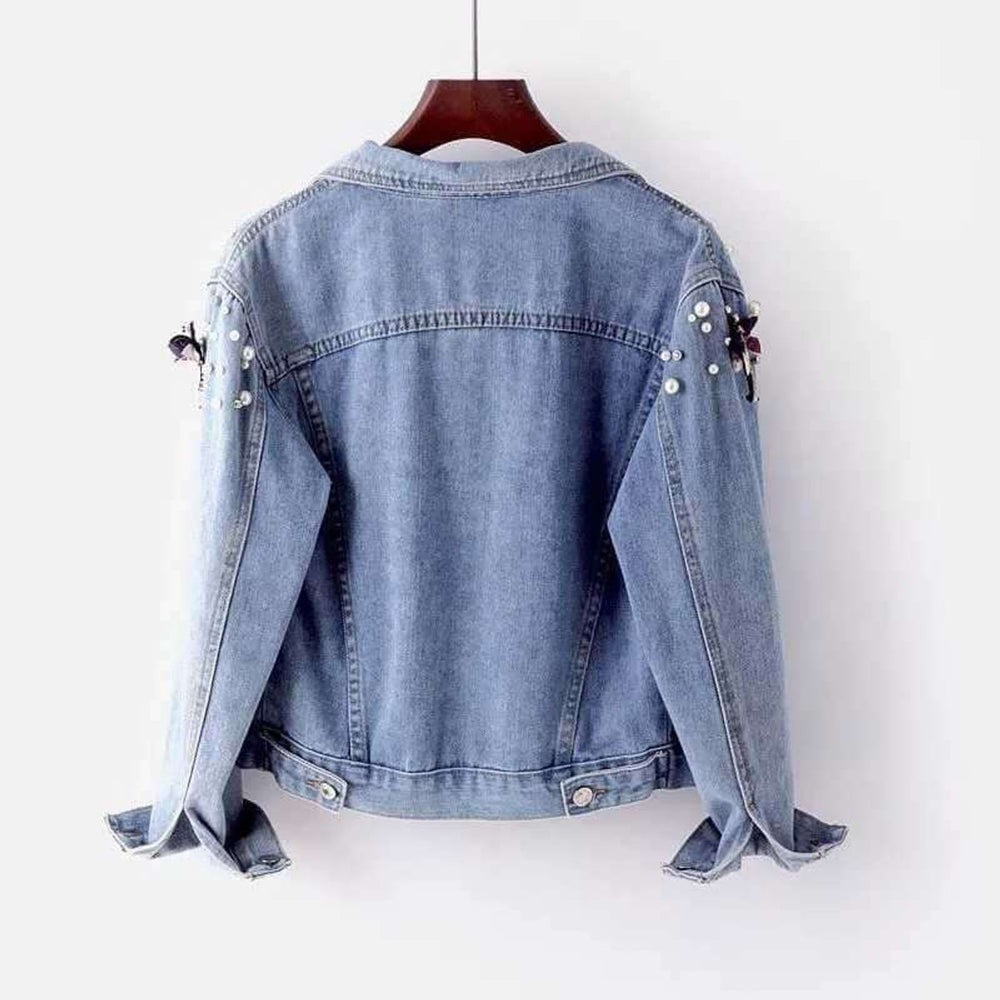Women's Pearl Embellished Relaxed Fit Denim Ladies Jacket Coat