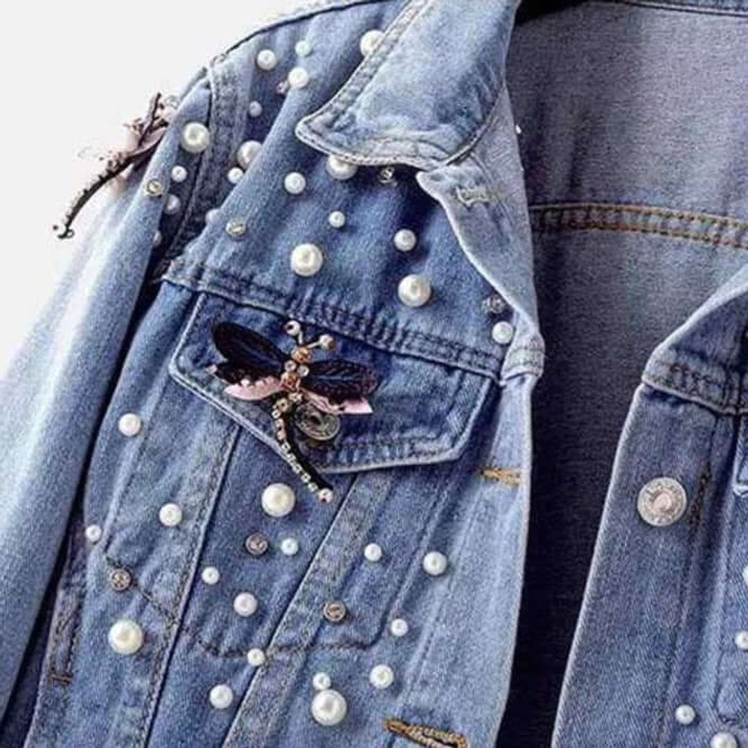 Women's Pearl Embellished Relaxed Fit Denim Ladies Jacket Coat