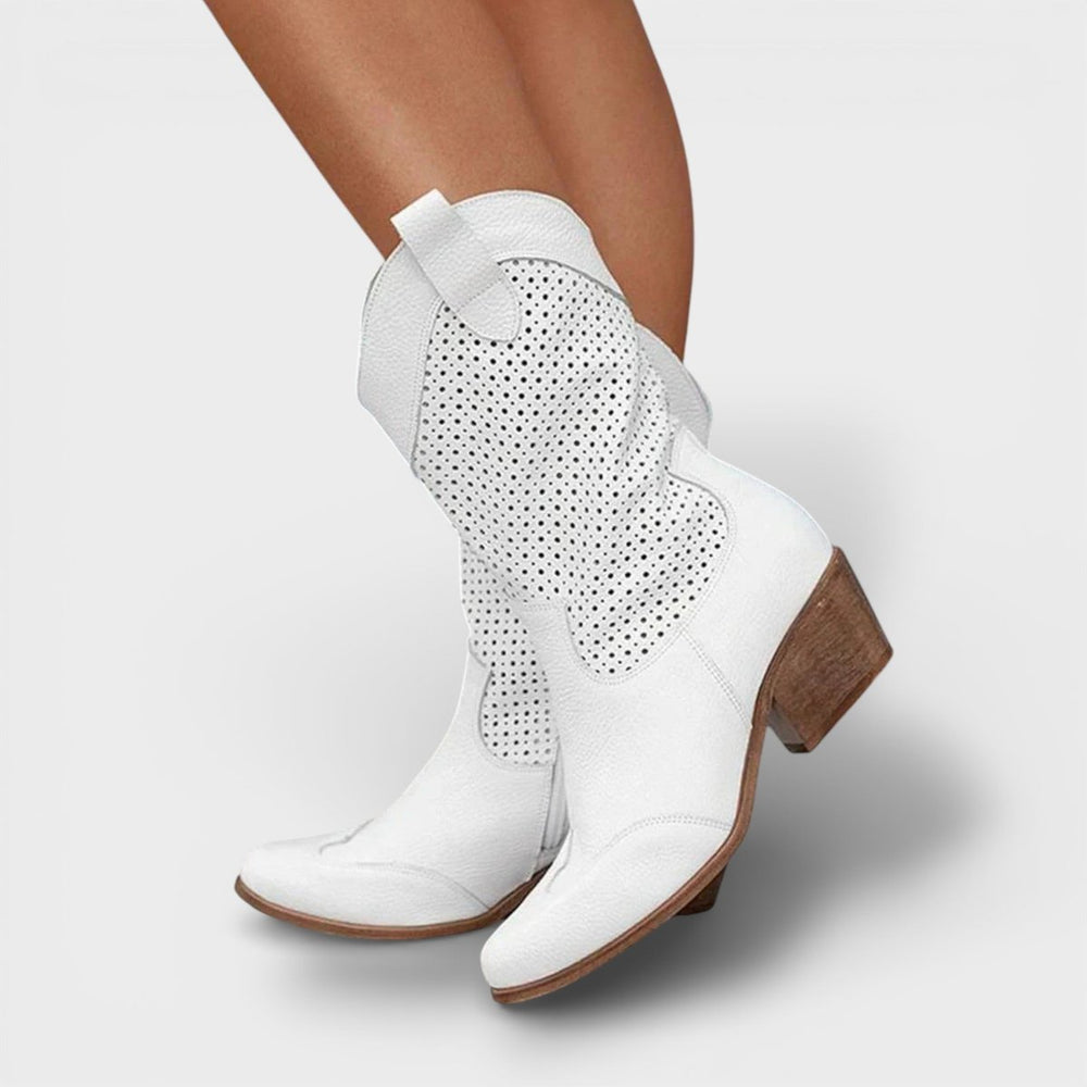 Women's Perforated Block-Heel Cowboy Boots Side Zip Mid-Calf