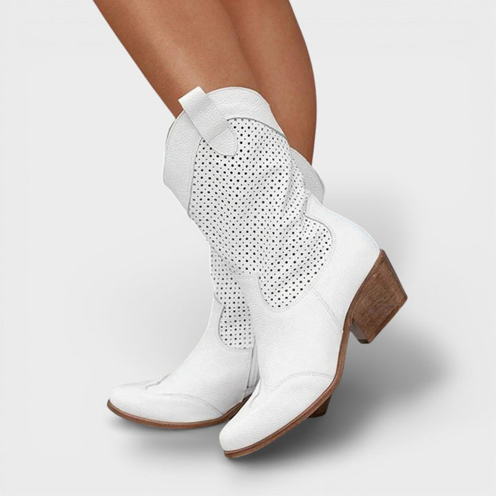 Women's Perforated Block-Heel Cowboy Boots Side Zip Mid-Calf