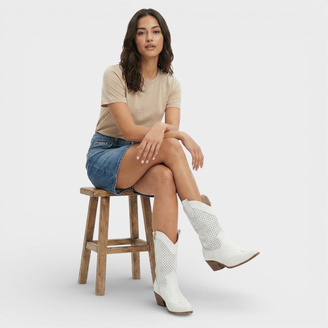 Women's Perforated Block-Heel Cowboy Boots Side Zip Mid-Calf