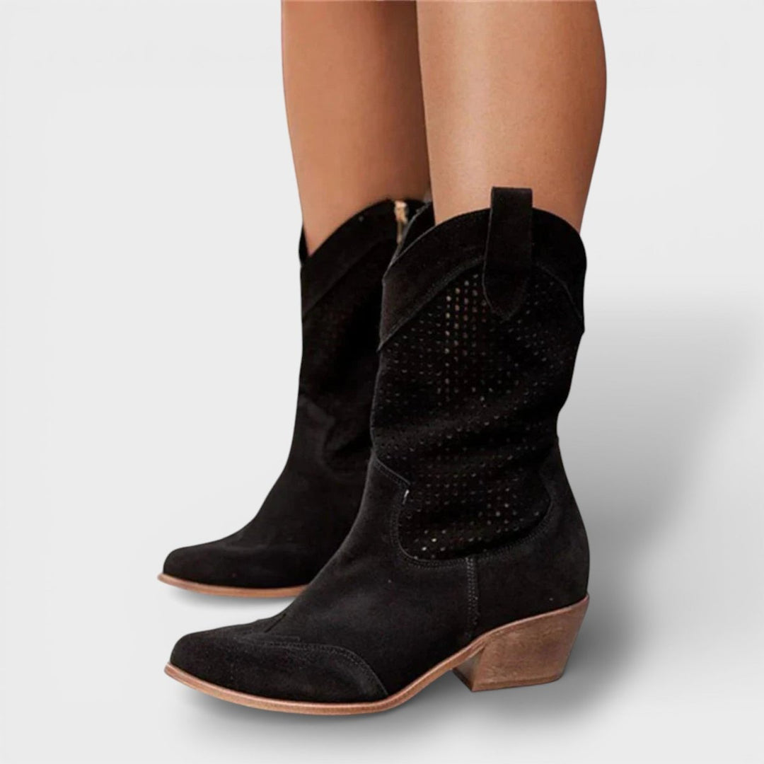 Women's Perforated Block-Heel Cowboy Boots Side Zip Mid-Calf