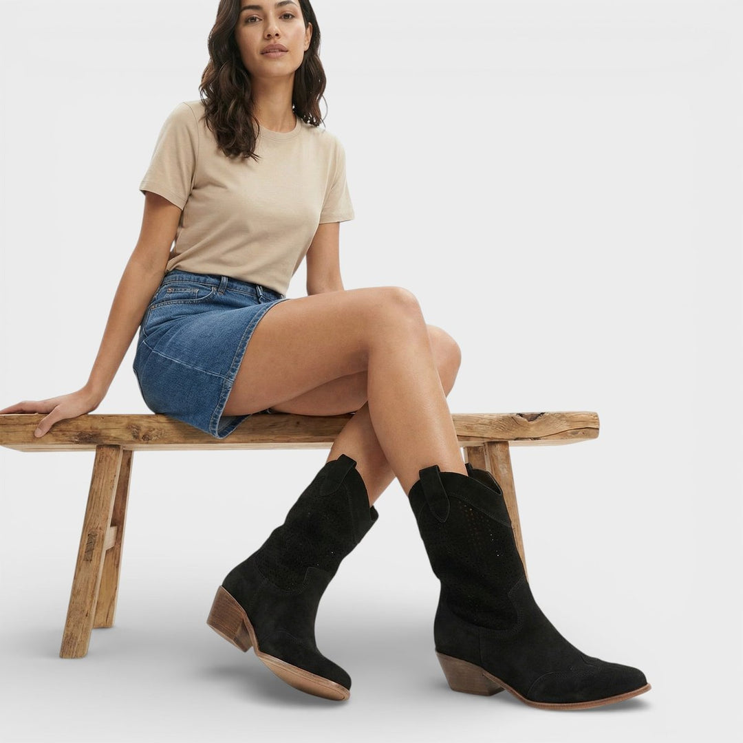 Women's Perforated Block-Heel Cowboy Boots Side Zip Mid-Calf