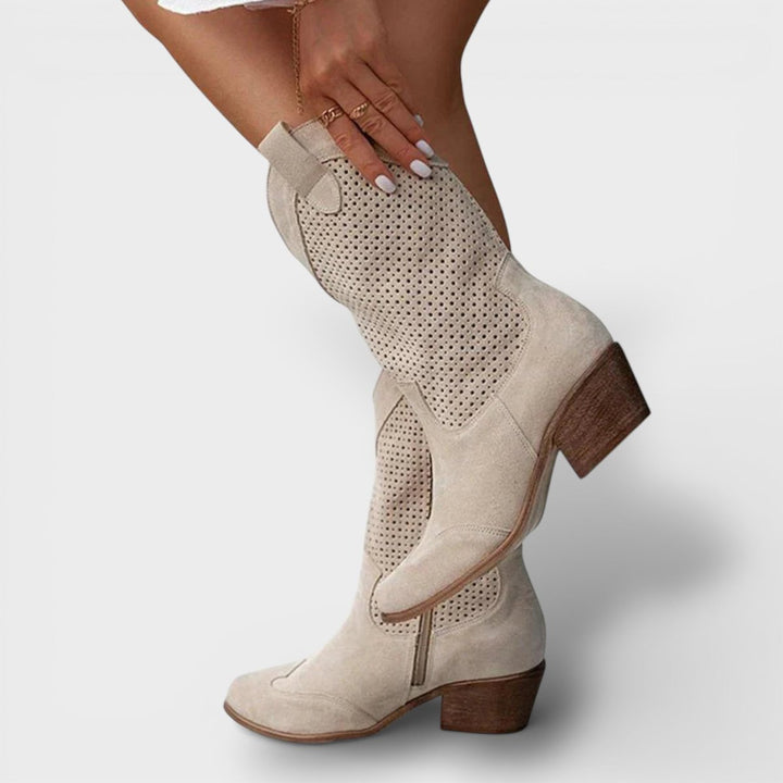 Women's Perforated Block-Heel Cowboy Boots Side Zip Mid-Calf