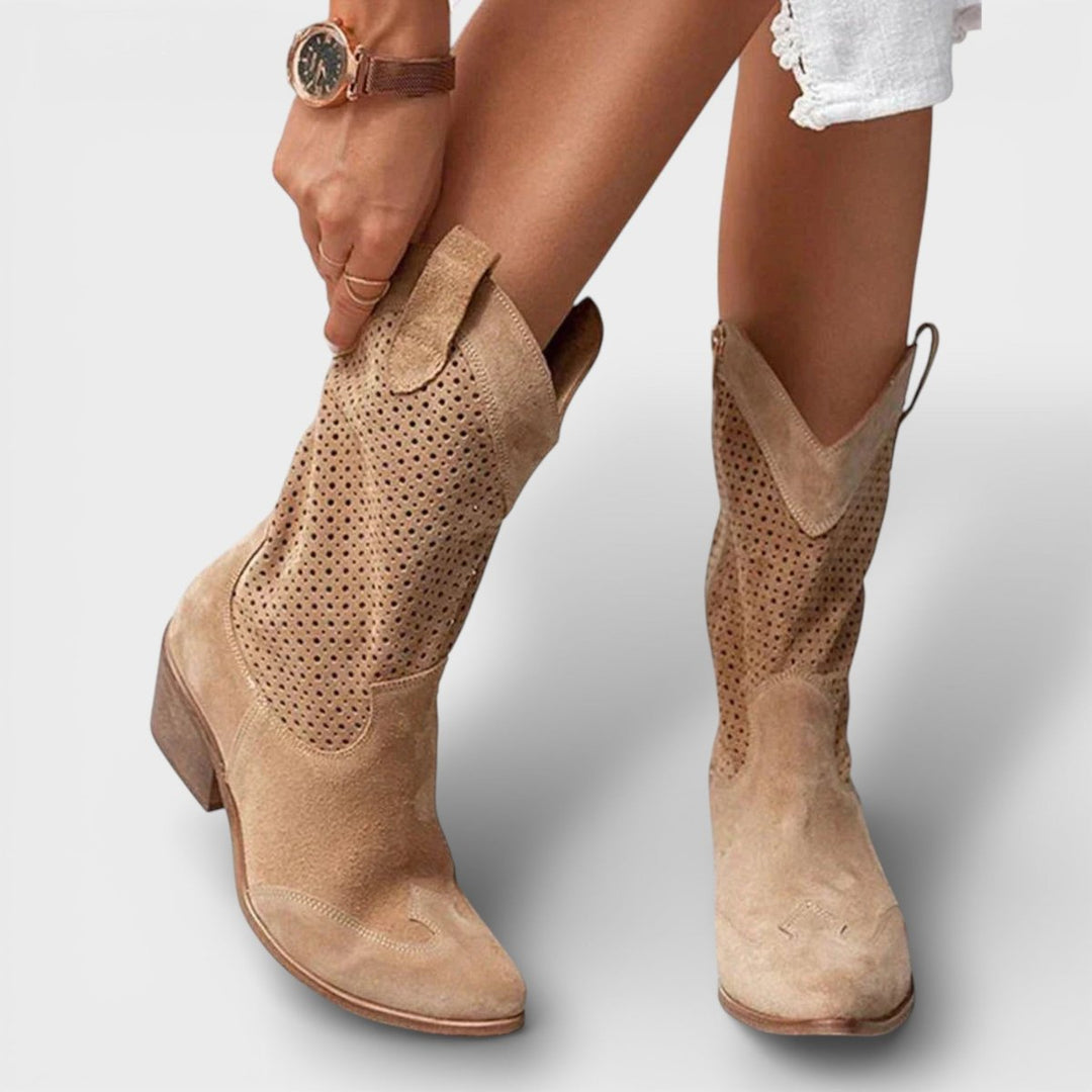 Women's Perforated Block-Heel Cowboy Boots Side Zip Mid-Calf