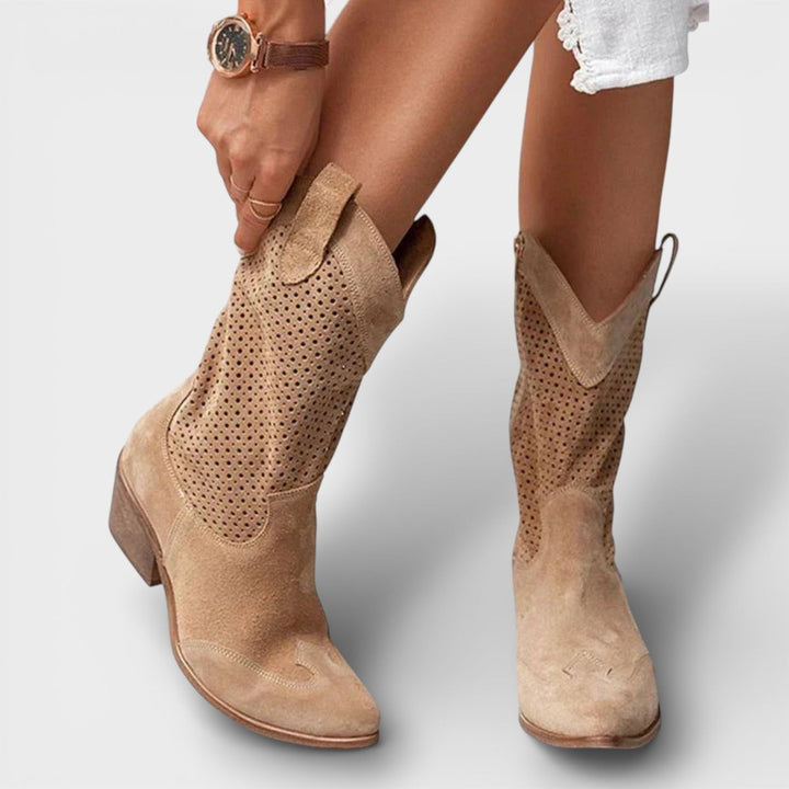 Women's Perforated Block-Heel Cowboy Boots Side Zip Mid-Calf