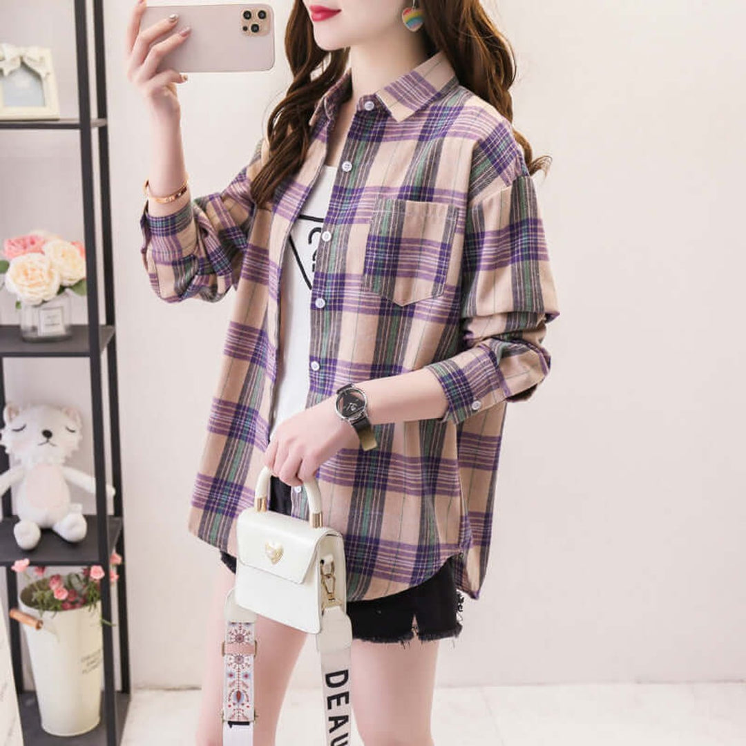 Women's Plaid Long-Sleeve Blouse Button-Up Oversized Shirt