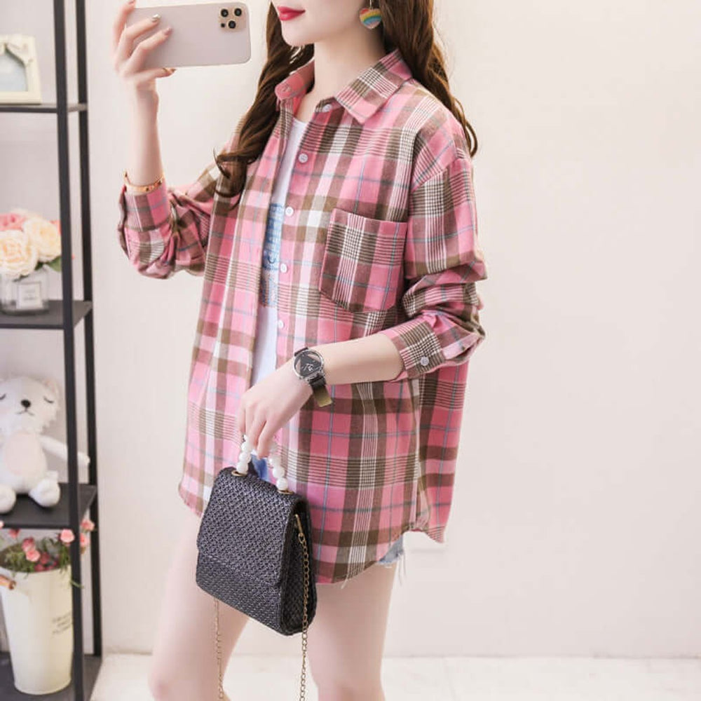 Women's Plaid Long-Sleeve Blouse Button-Up Oversized Shirt
