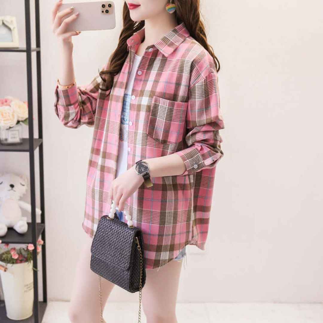 Women's Plaid Long-Sleeve Blouse Button-Up Oversized Shirt