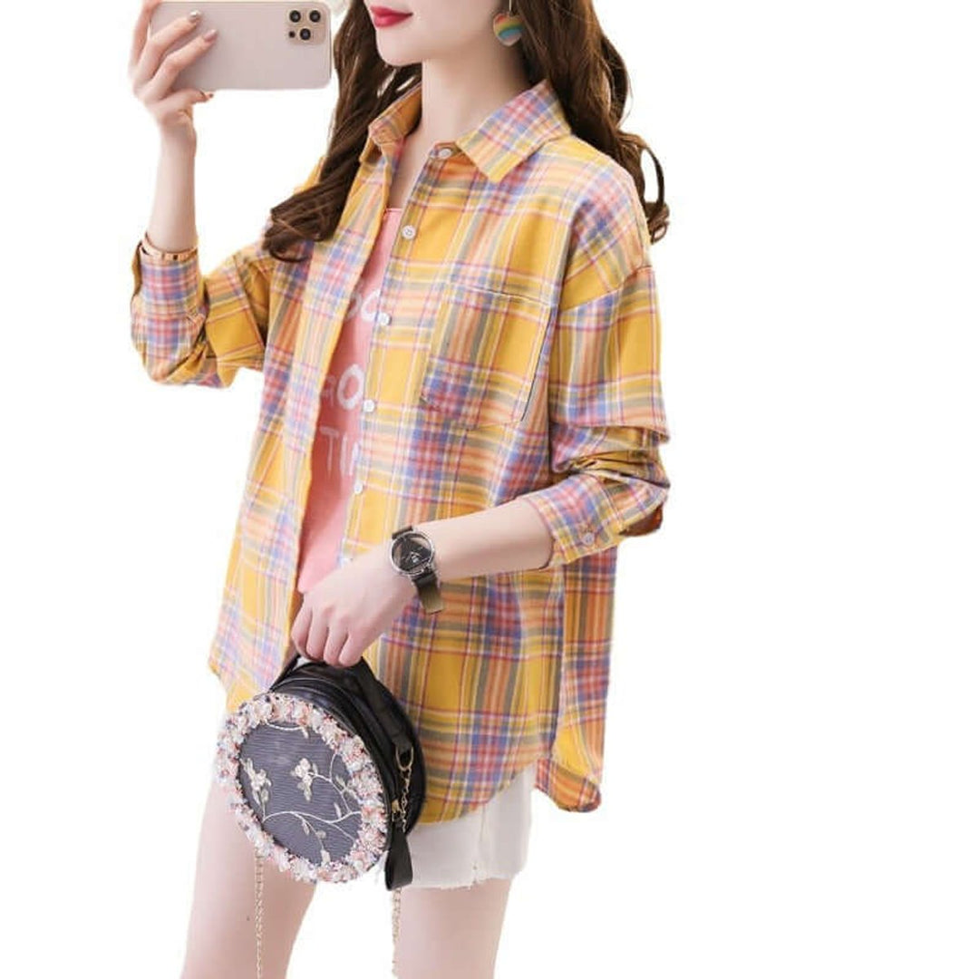 Women's Plaid Long-Sleeve Blouse Button-Up Oversized Shirt