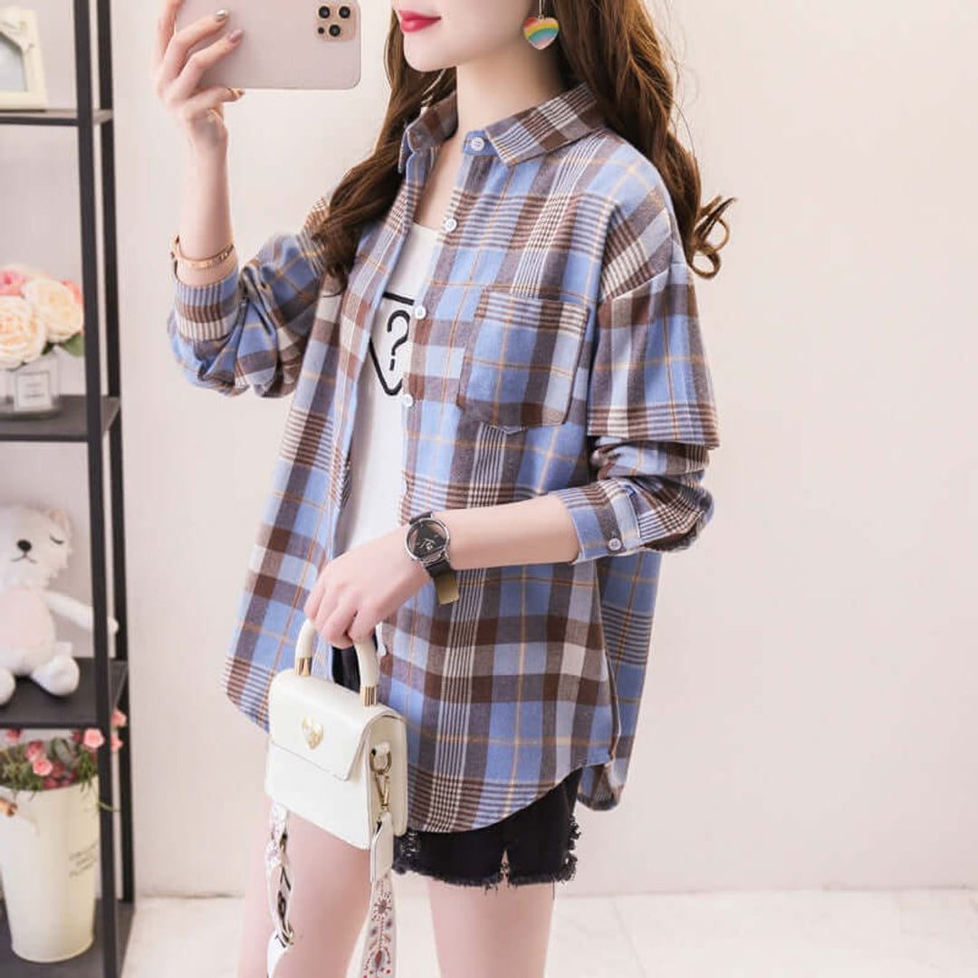 Women's Plaid Long-Sleeve Blouse Button-Up Oversized Shirt