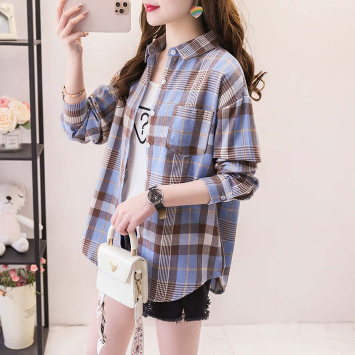 Women's Plaid Long-Sleeve Blouse Button-Up Oversized Shirt