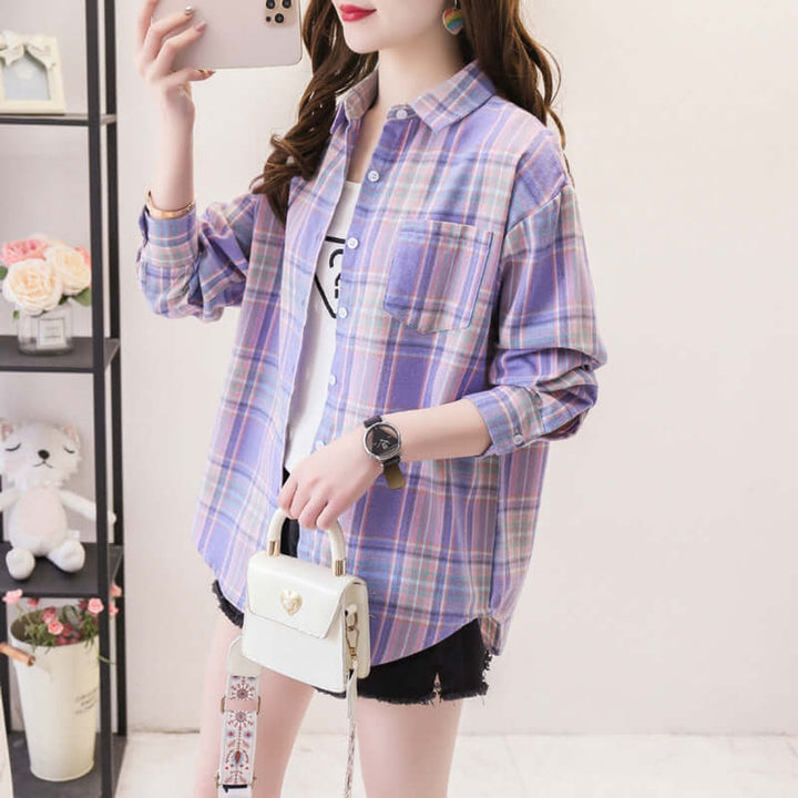 Women's Plaid Long-Sleeve Blouse Button-Up Oversized Shirt