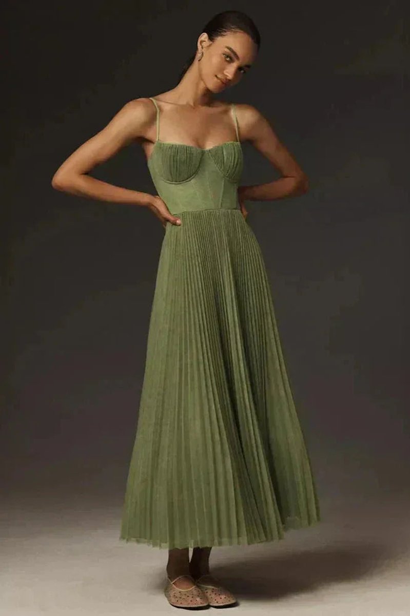 Women's Pleated Midi Everyday Day Dress Spaghetti Strap