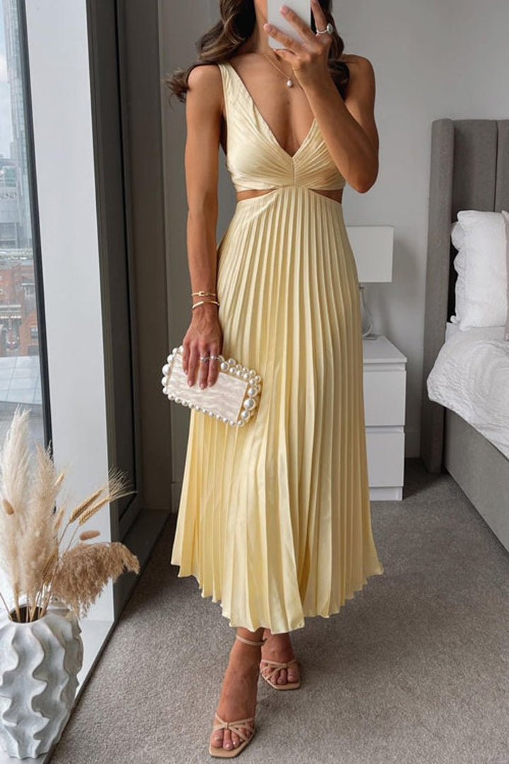 Women's Pleated Midi Party Dress V-Neck Cutout Waist
