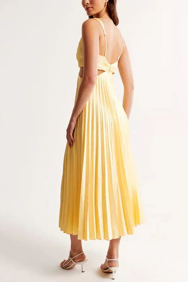 Women's Pleated Midi Party Dress V-Neck Cutout Waist
