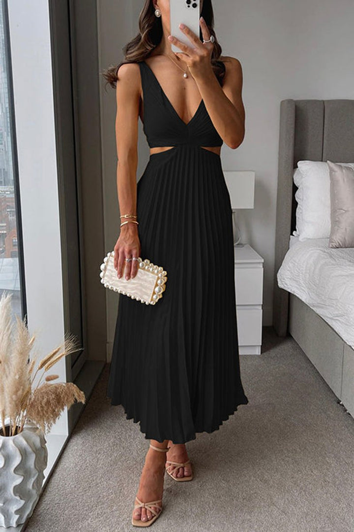 Women's Pleated Midi Party Dress V-Neck Cutout Waist