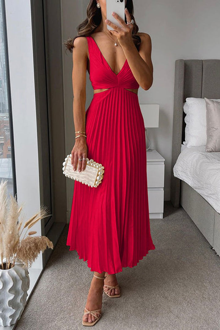 Women's Pleated Midi Party Dress V-Neck Cutout Waist