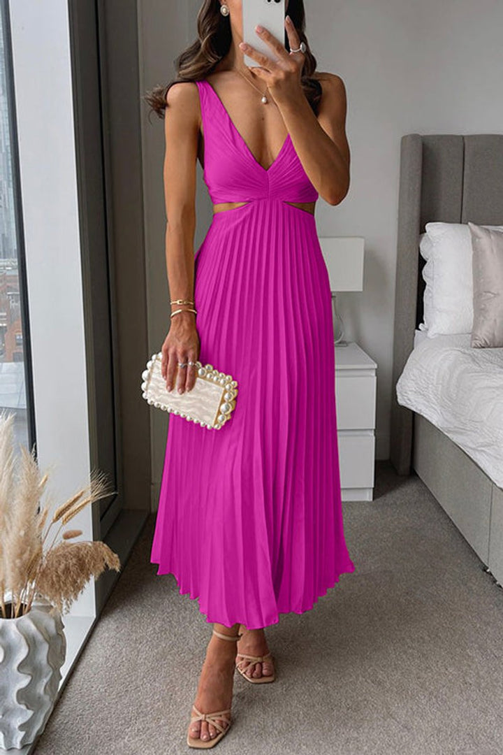 Women's Pleated Midi Party Dress V-Neck Cutout Waist