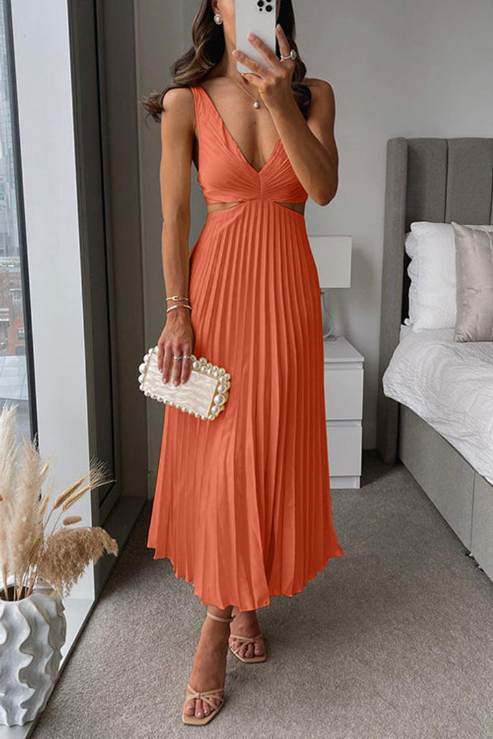 Women's Pleated Midi Party Dress V-Neck Cutout Waist