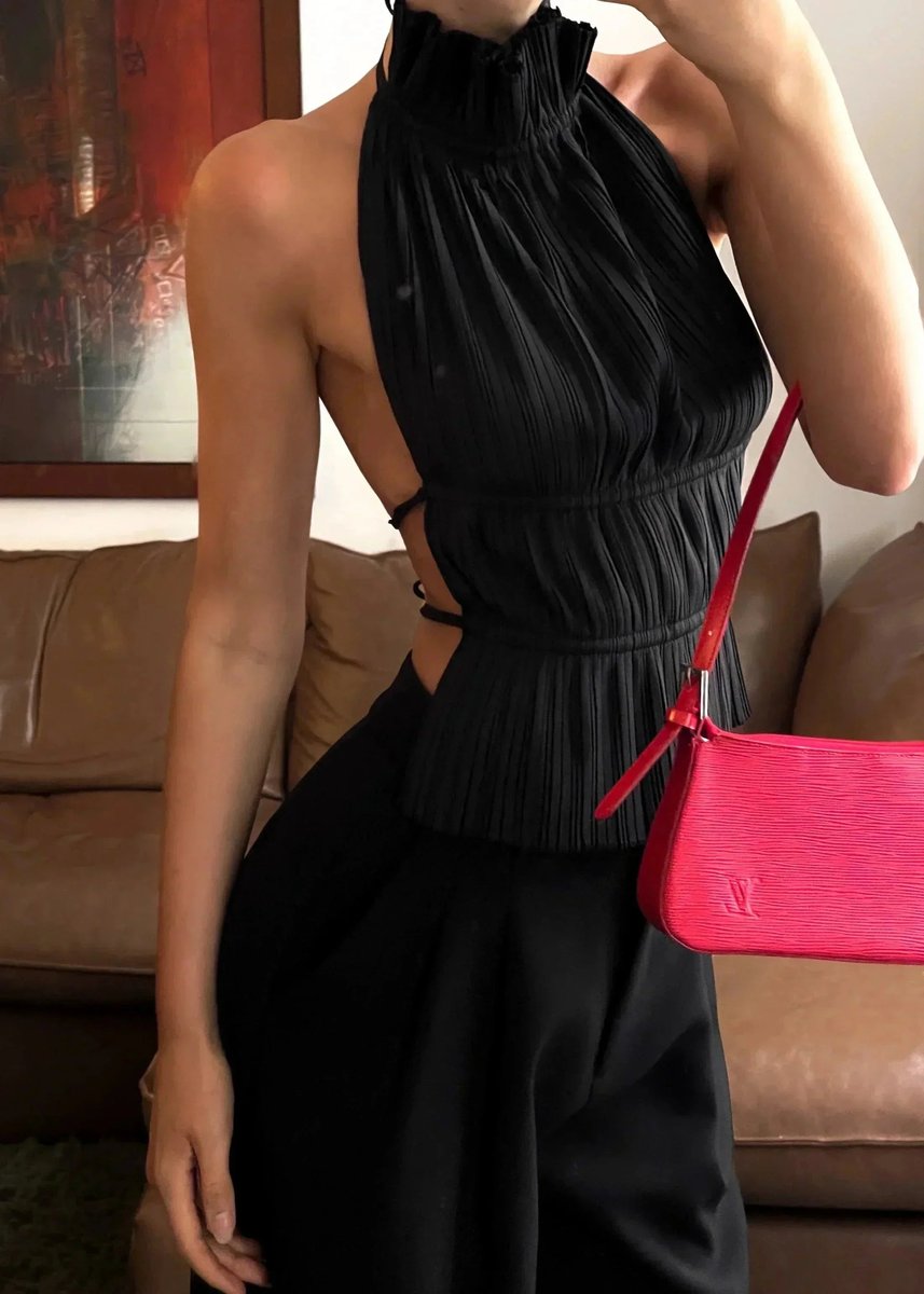 Women's Pleated Roll-Neck Backless Halter Blouse