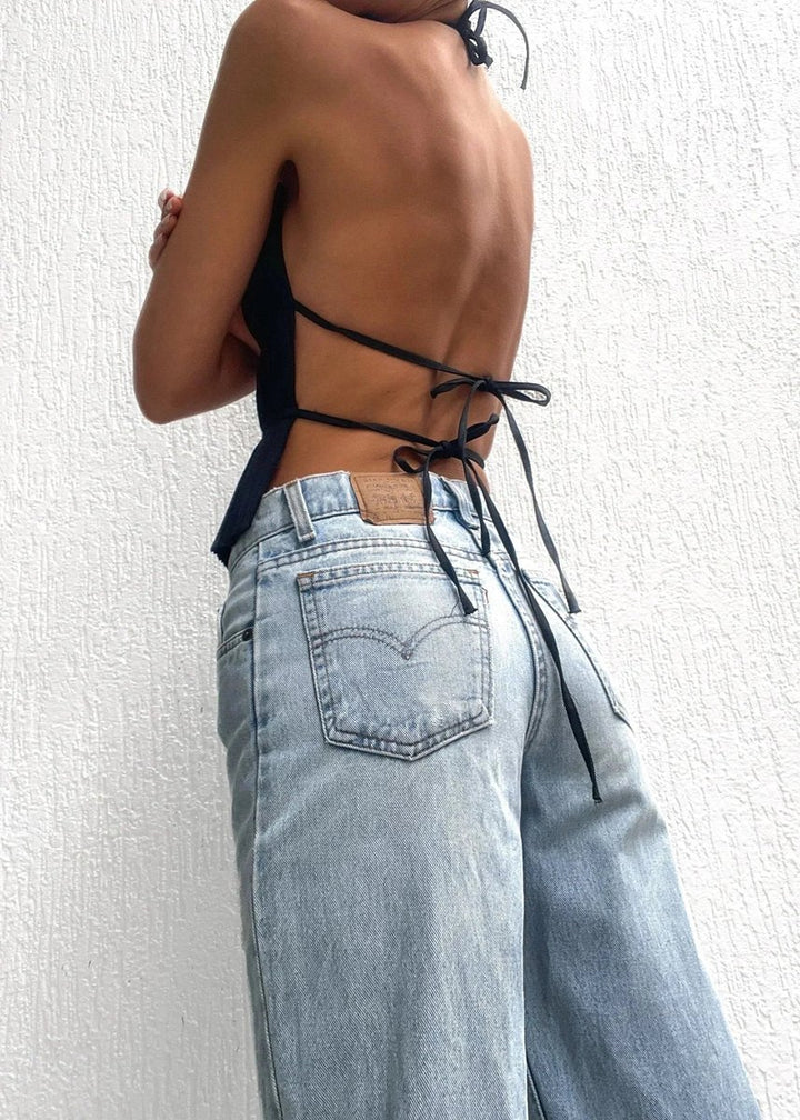 Women's Pleated Roll-Neck Backless Halter Blouse