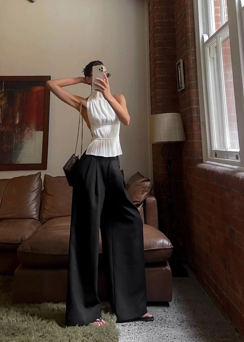 Women's Pleated Roll-Neck Backless Halter Blouse