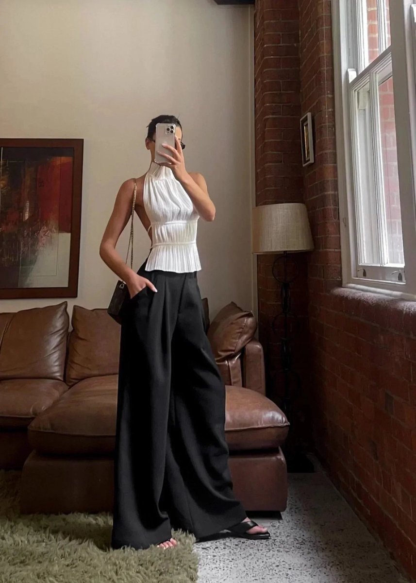 Women's Pleated Roll-Neck Backless Halter Blouse