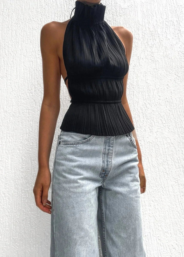 Women's Pleated Roll-Neck Backless Halter Blouse