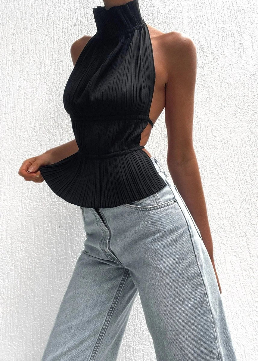 Women's Pleated Roll-Neck Backless Halter Blouse