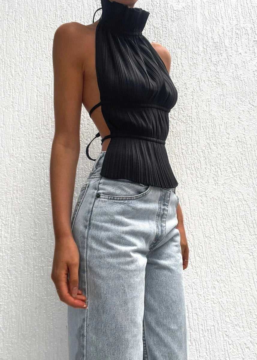 Women's Pleated Roll-Neck Backless Halter Blouse