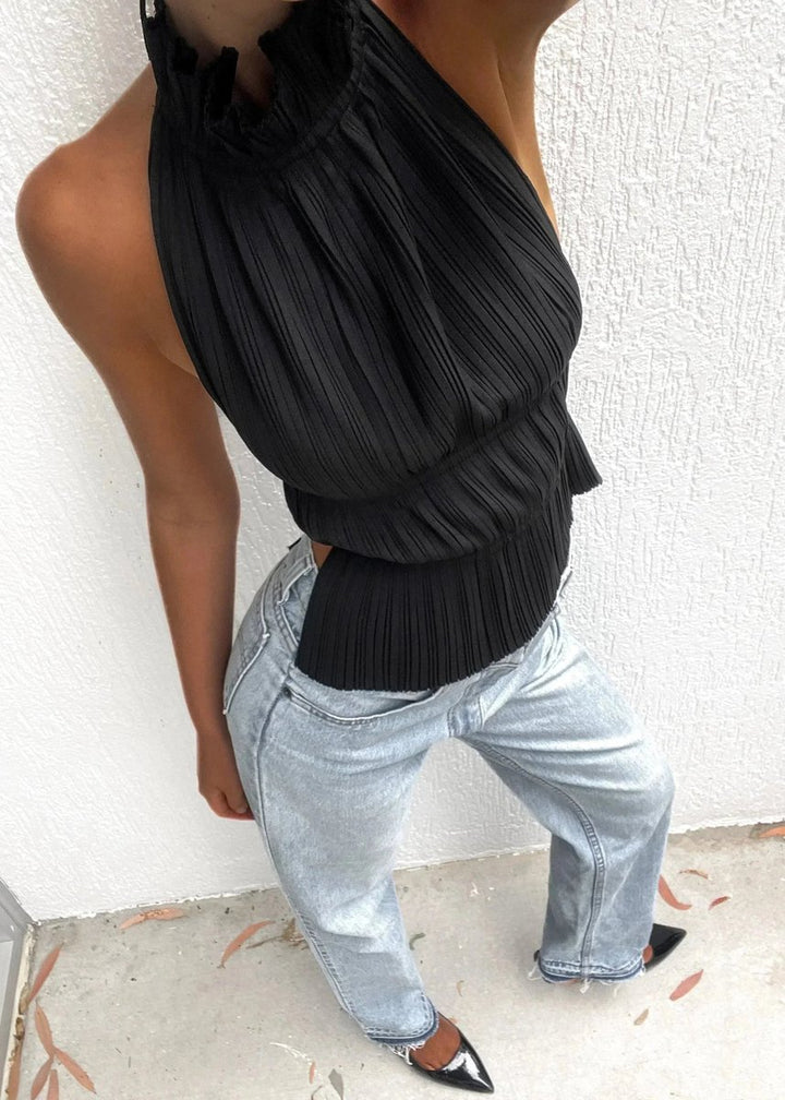 Women's Pleated Roll-Neck Backless Halter Blouse