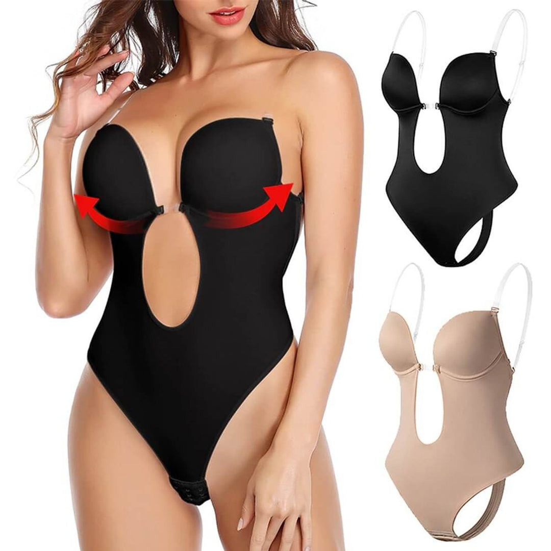 Women's Plunge Backless Shapewear Bodysuit Removable Clear Straps