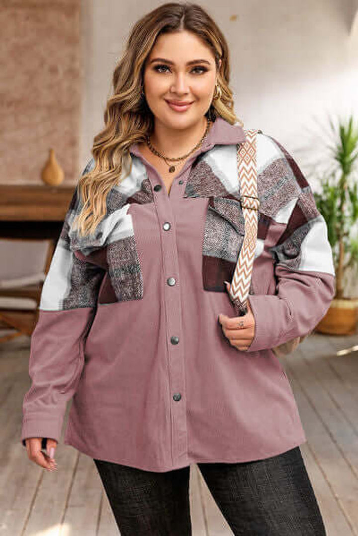 Women's Plus Size Plaid Shacket Coat Relaxed Fit Button-Up Jacket