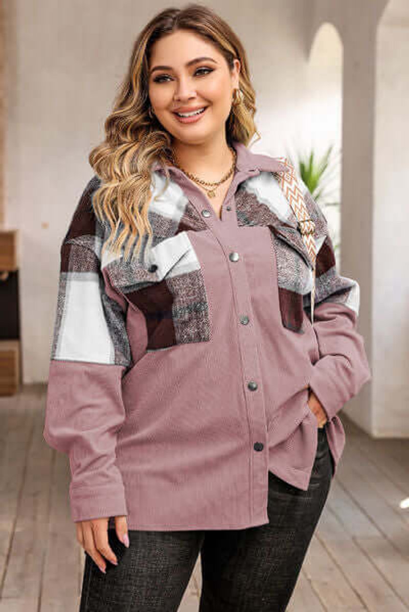 Women's Plus Size Plaid Shacket Coat Relaxed Fit Button-Up Jacket