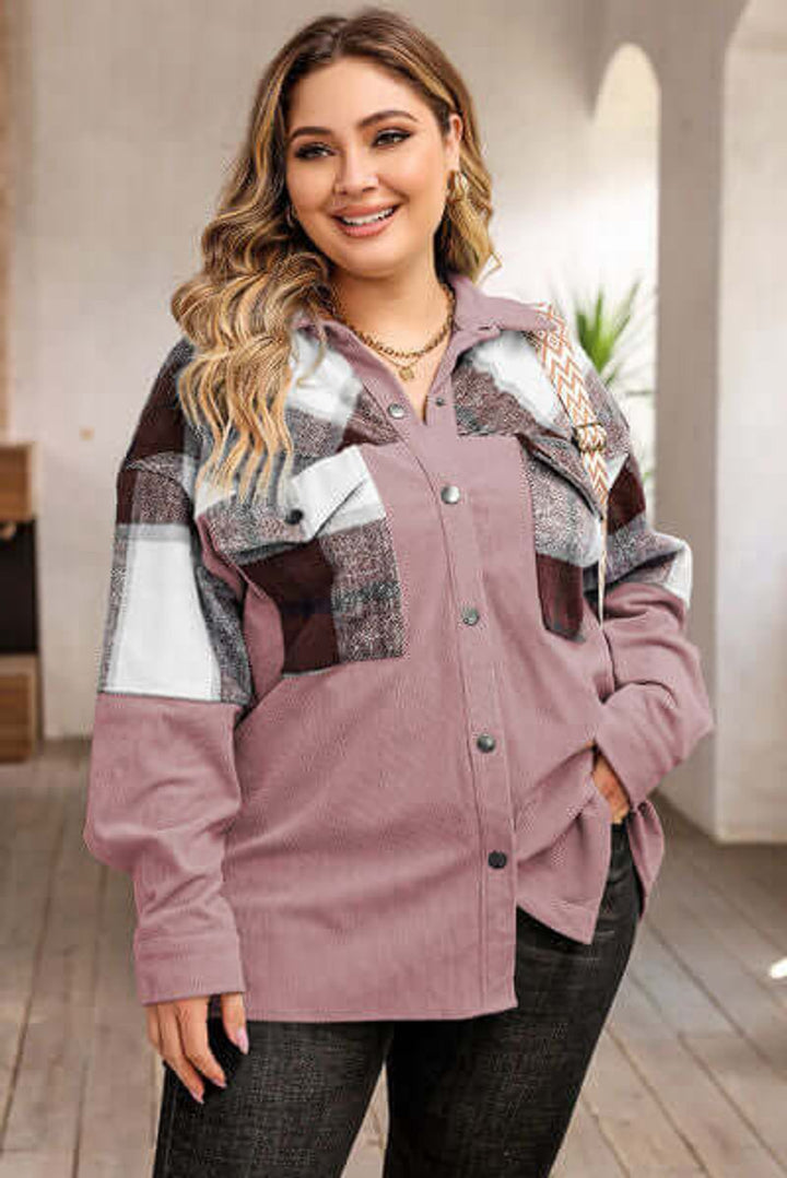 Women's Plus Size Plaid Shacket Coat Relaxed Fit Button-Up Jacket