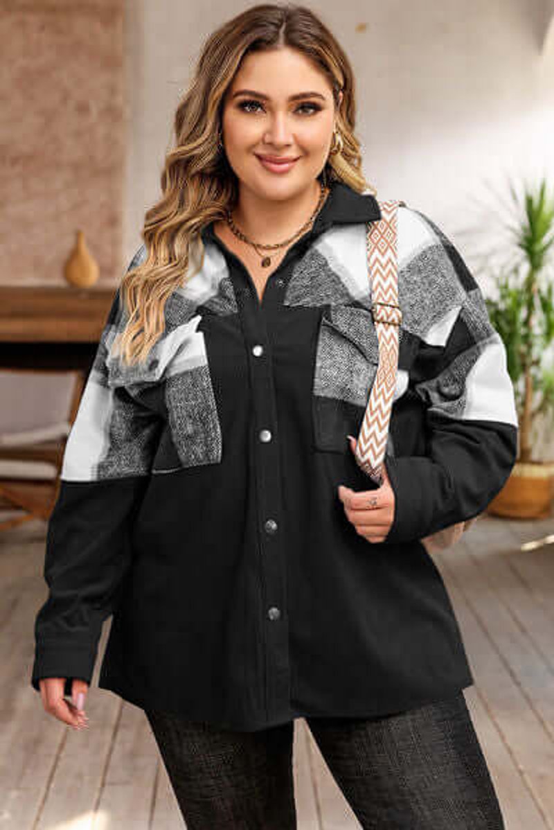 Women's Plus Size Plaid Shacket Coat Relaxed Fit Button-Up Jacket