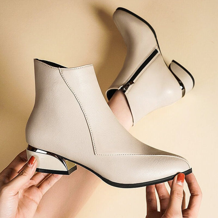 Women's Pointed-Toe Block-Heel Ankle Boots Side-Zip Metallic Heel - Cream White