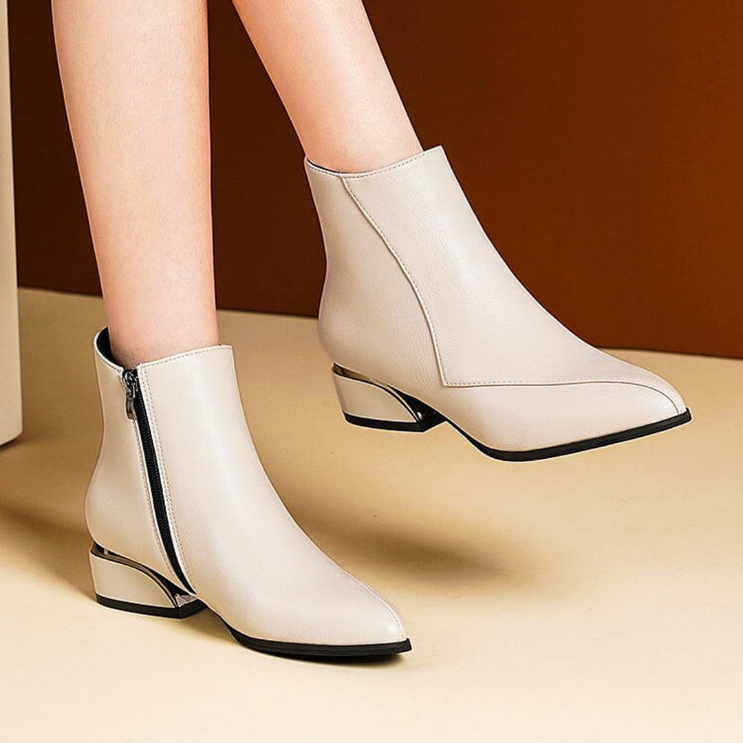 Women's Pointed-Toe Block-Heel Ankle Boots Side-Zip Metallic Heel