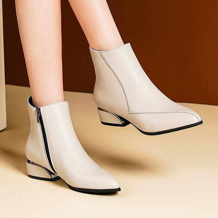Women's Pointed-Toe Block-Heel Ankle Boots Side-Zip Metallic Heel