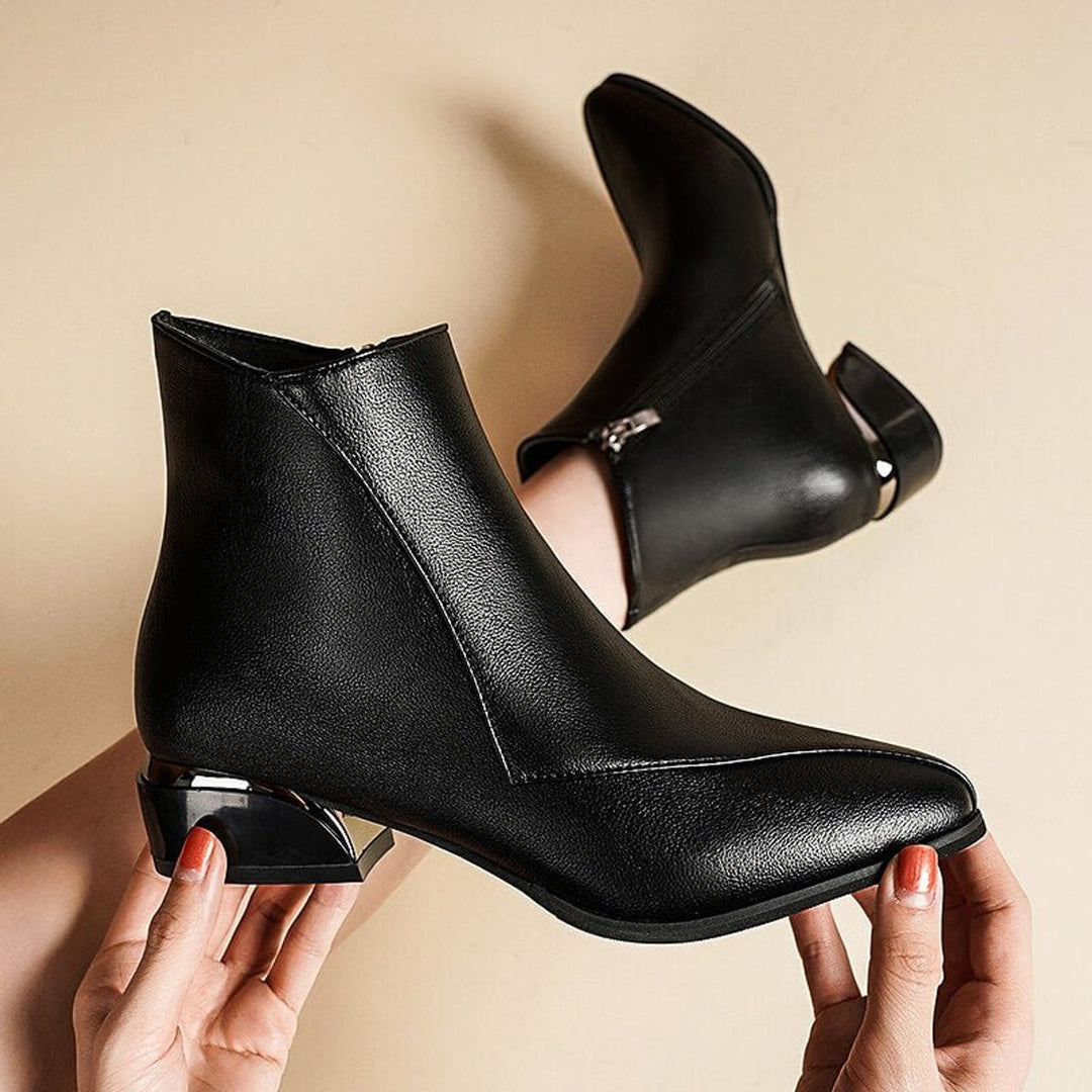 Women's Pointed-Toe Block-Heel Ankle Boots Side-Zip Metallic Heel - Midnight Black