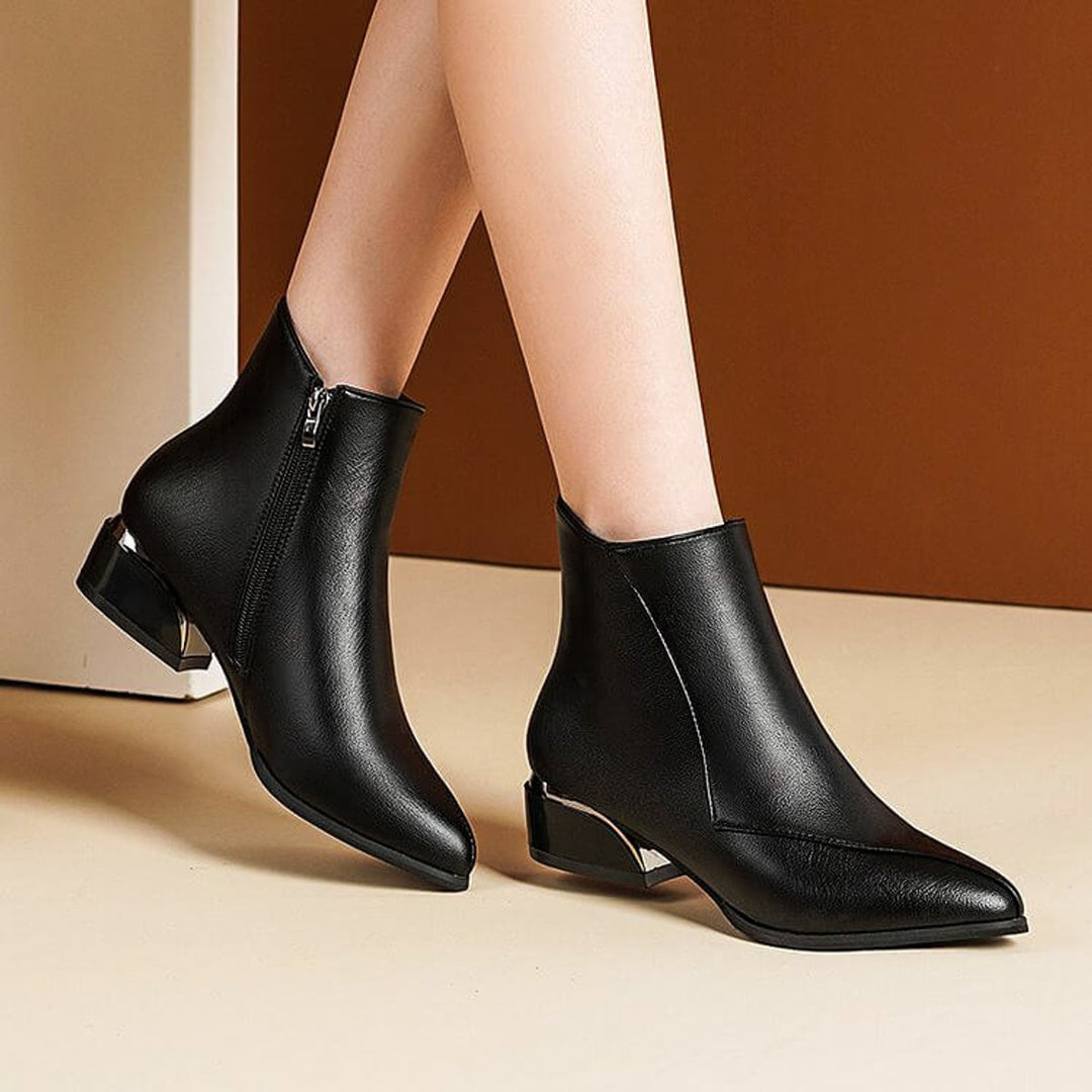 Women's Pointed-Toe Block-Heel Ankle Boots Side-Zip Metallic Heel