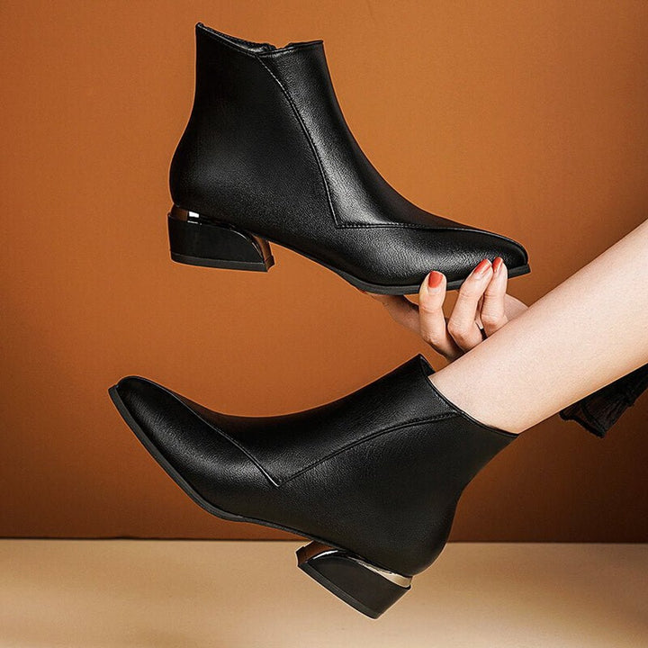 Women's Pointed-Toe Block-Heel Ankle Boots Side-Zip Metallic Heel