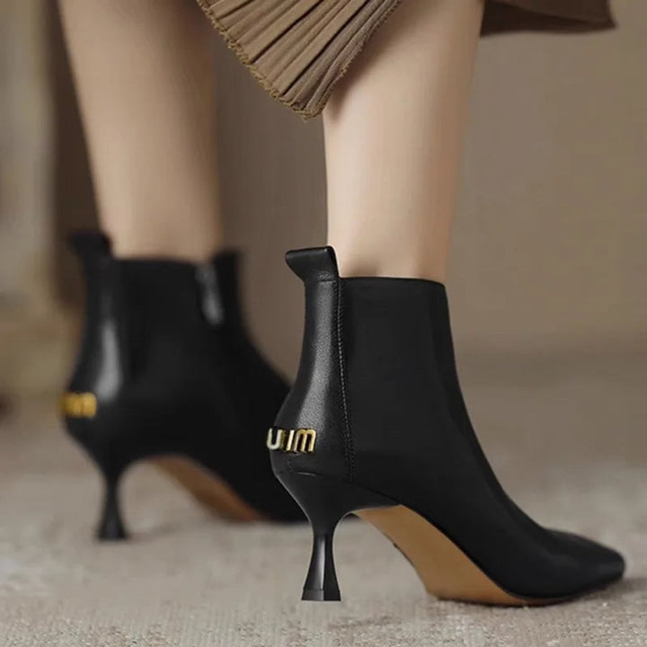 Women's Pointed-Toe Kitten Heel Leather Ankle Boots