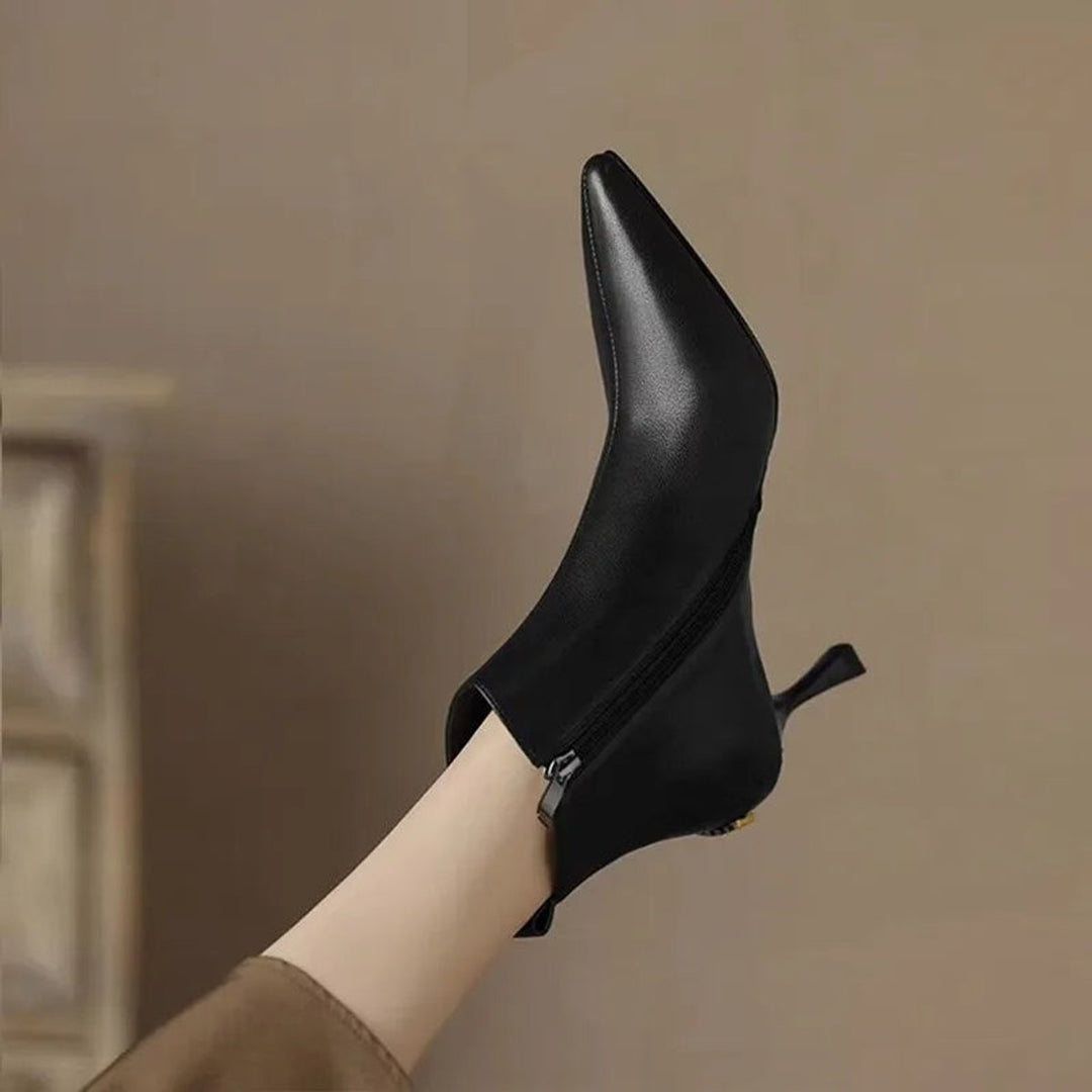 Women's Pointed-Toe Kitten Heel Leather Ankle Boots