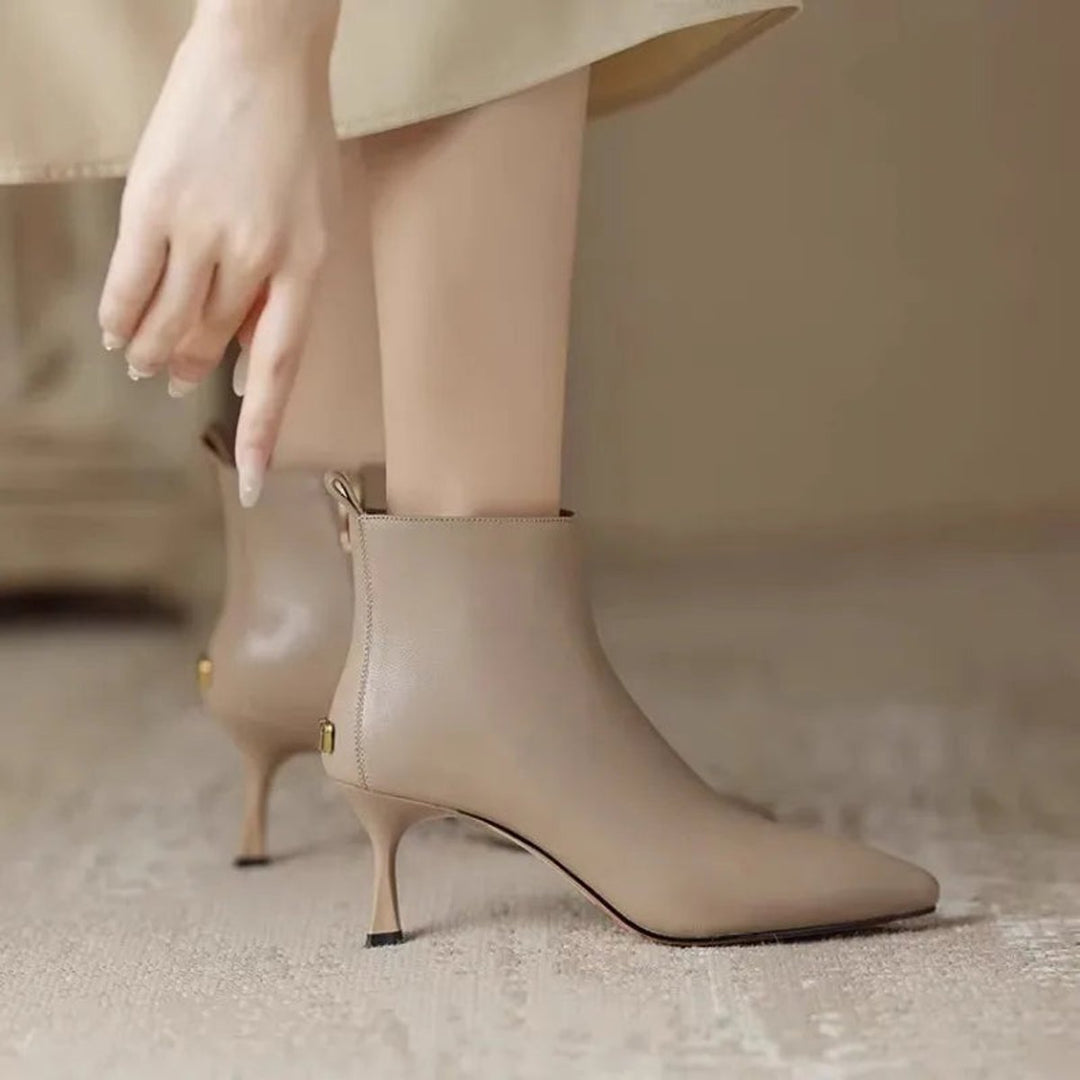 Women's Pointed-Toe Kitten Heel Leather Ankle Boots