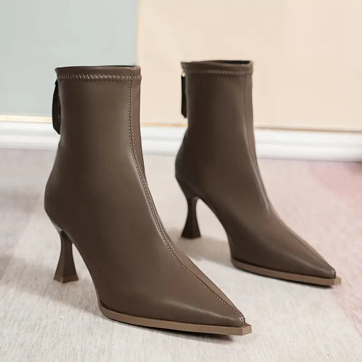 Women's Pointed-Toe Kitten Heel Leather Ankle Boots - Brown