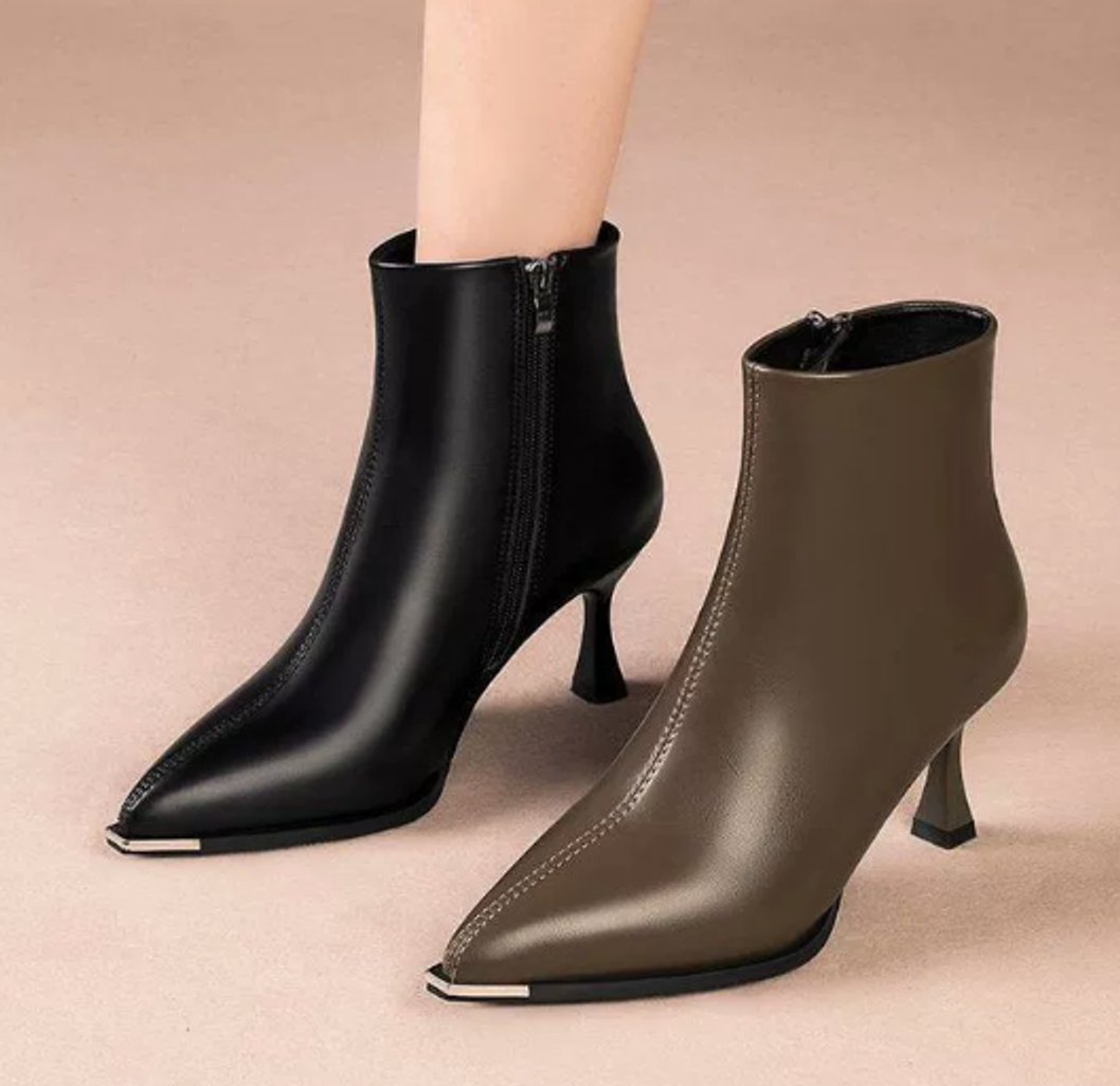 Women's Pointed-Toe Kitten Heel Leather Ankle Boots