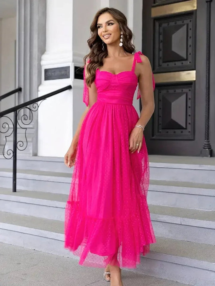 Women's Polka Dot Mesh Tie-Shoulder Christmas Party Midi Dress
