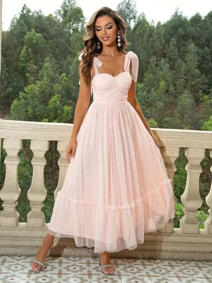 Women's Polka Dot Mesh Tie-Shoulder Christmas Party Midi Dress